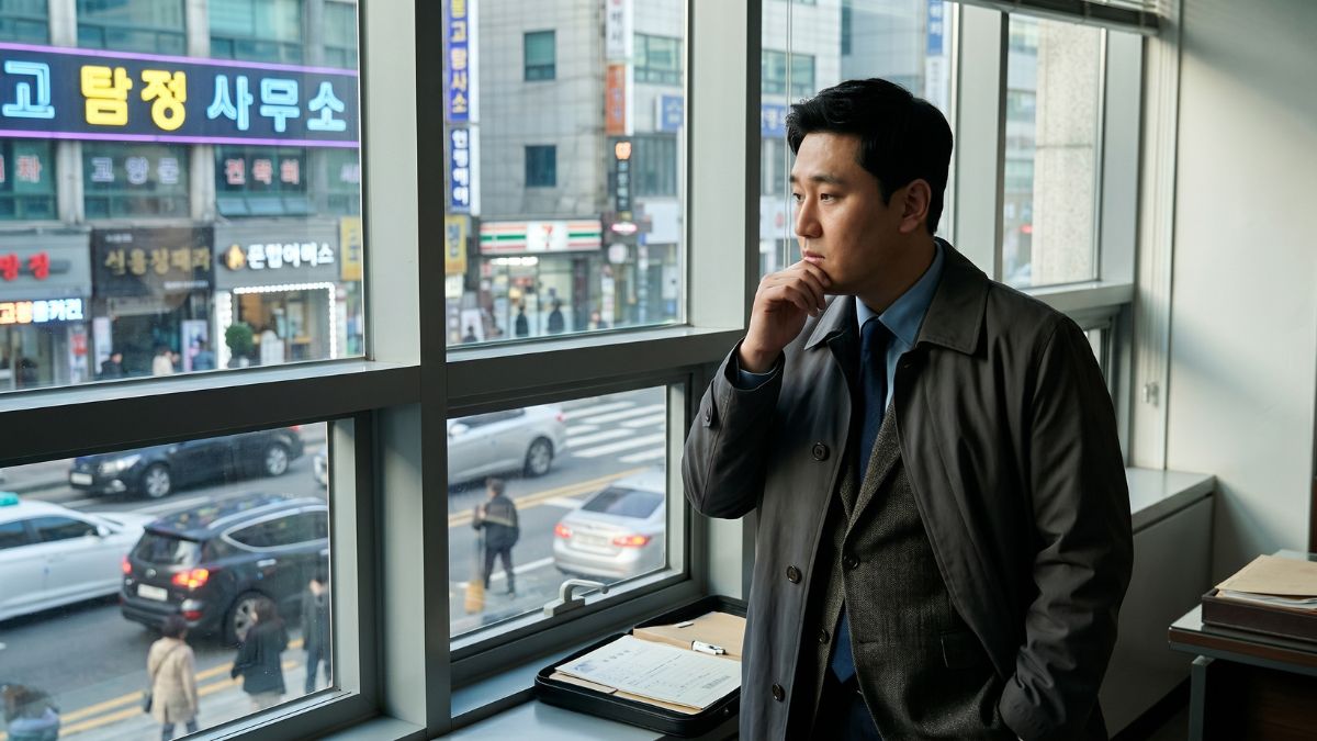 창밖을 바라보면서 생각하고 있는 고탐정