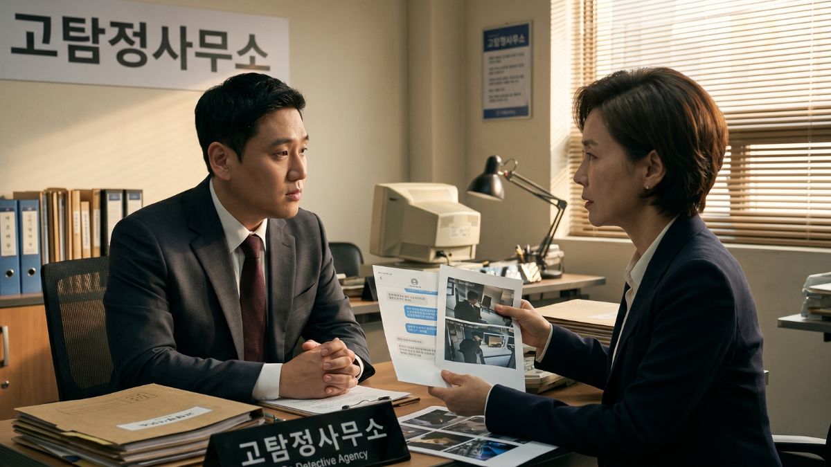 탐정사무소 안에서 여자 의뢰인과 대화하고 있는 고탐정